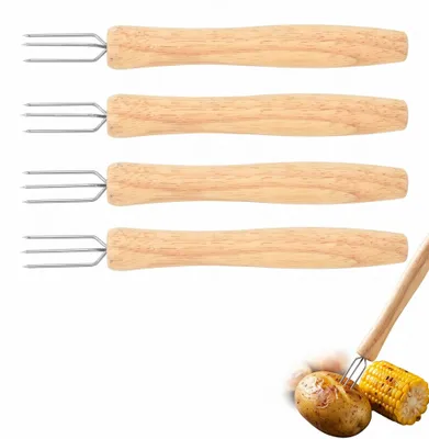 Image de Fourches à pommes de terre - 3 dents avec manche en bois et en acier inoxydable - lot de 4