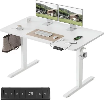 Produktbild von Höhenverstellbarer Schreibtisch mit USB-A und USB-C-Ladeanschlüssen, 120 x 60 cm Steh-Sitz Tisch, Schreibtisch Höhenverstellbar Elektrisch, Ergonomischer Computertisch Homeoffice, Weiß