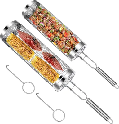 Produktbild von 2 Stück Rolling Grillkorb gemüse mit abnehmbarem Griff Edelstahl,Grill Rack Grillkochzubehör, grillzubehör für Camping und Terrassengrills Freien