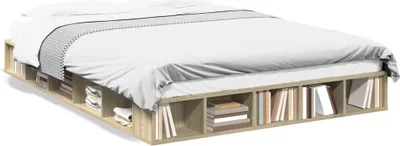 A bed frame with built-in storage shelves filled with books and folded items.