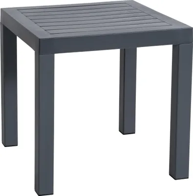 A square dark gray outdoor side table with a slatted top and four legs against a white background.