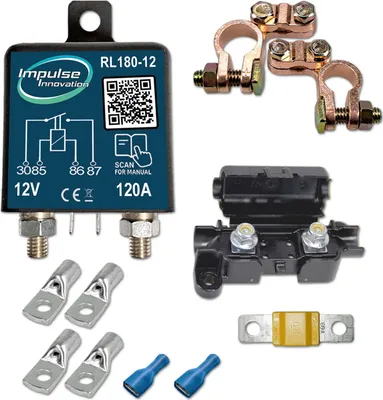 Produktbild von Trennrelaisset | RL180-12 BASIC | 12V 120A | Polklemmen | 16mm² Verbinder | 60A Sicherung