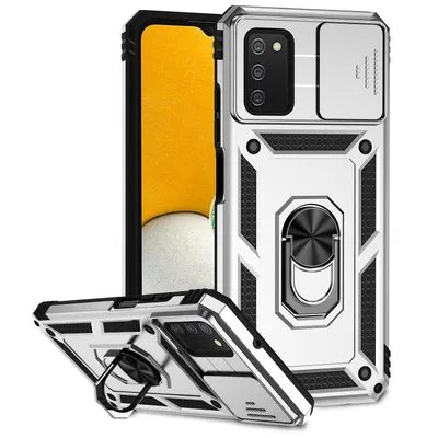 Immagine prodotto di Custodia per Samsung Galaxy A03S / A02S a doppio strato con copertura scorrevole della fotocamera e supporto ad anello Argento