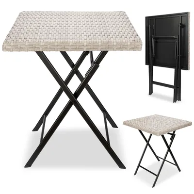 A square folding table with a woven top and black metal legs is shown from multiple angles.