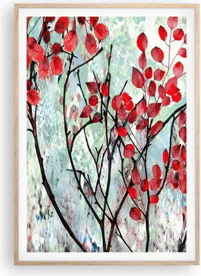 Produktbild von Gerahmtes Poster - Rahmen in heller Eiche - Rot Blätter Zweige - 70x100 cm - Wand Bild - Wanddeko - Wandbilder - Kunstposter - Wandposter - Bilderrahmen - Bilder - Kunstdruck - P2NPA70x100-4508