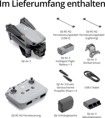 Produktbild von DJI Air 3 Fly More Combo 4 Rotoren Quadrocopter 48 MP 3840 x 2160 Pixel 4241 mAh Schwarz, Grau