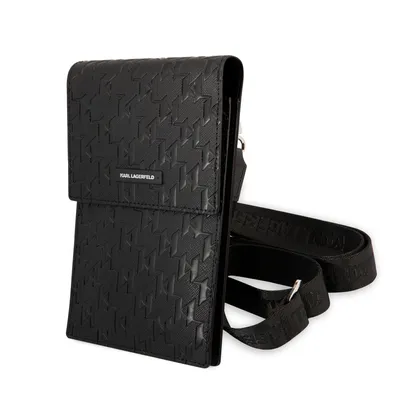 A black Karl Lagerfeld crossbody bag with a monogram pattern and a black strap is shown against a white background.