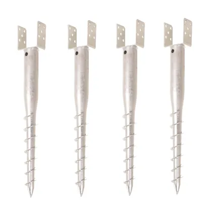 Four metal screw-in post anchors are arranged in a row against a white background.