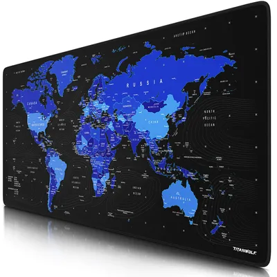 Productafbeelding van Titanwolf – XXL Gaming muismat 900x400 mm - Grote muismat voor op het bureau - Precisie en snelheid - Rubberen onderkant - Antislip, duurzaam, waterafstotend – Wereldkaart, zwart en blauw