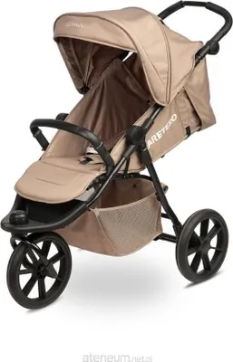 A studio shot of a beige and black stroller.