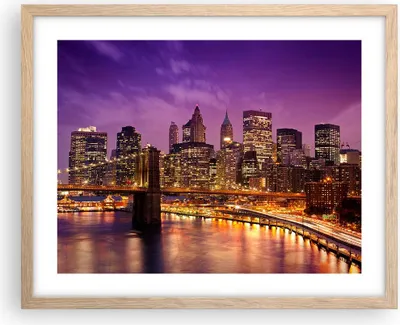 Produktbild von Gerahmtes Poster - Rahmen in heller Eiche - New york nacht brooklyn brücke - 50x40 cm - Wand Bild - Wanddeko - Wandbilder - Wandposter - Bilderrahmen - Bilder - Kunstdruck - Wandbild - P2NAA50x40-2660