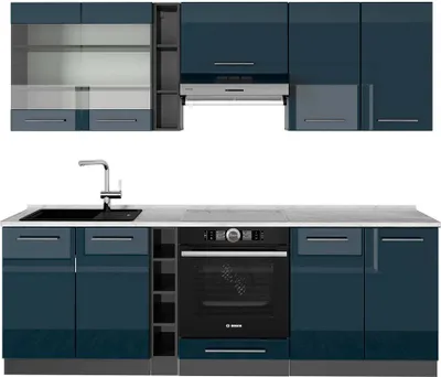 Produktbild von Küchenzeile Vicco Fame-Line Dunkelblau Hochglanz/Anthrazit 235 cm , AP Marmor, Model 49756