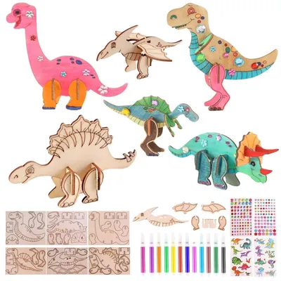Image de Kit de construction en bois, dinosaure en 3D, 34 pièces, à partir de 3 ans, avec crayons aquarelle et autocollants