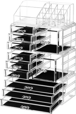 Obrázek produktu pro Organizér na kosmetiku 4 v 1 XXL s 11 zásuvkami a 15 přihrádkami – průhledný – protiskluzové vložky – úložný box na kosmetiku a šperky – SONGMICS JKA017TP Organizér na kosmetiku