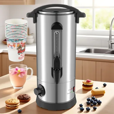 Obrázek produktu pro ISOISL, ohřívač na svařené víno, objem 10 litrů, výkon 1500 W, teplota 30–110 °C, s kohoutkem a 10 sklenicemi, stříbrná barva