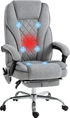 A gray ergonomic office chair with a footrest and massage features.