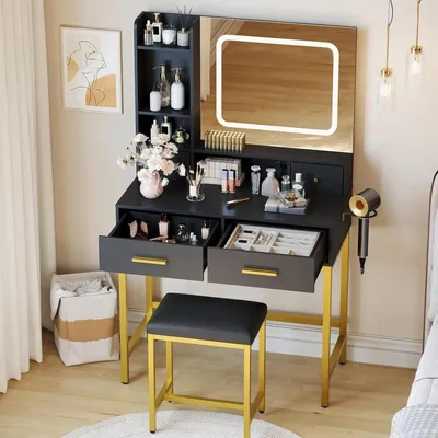 Immagine prodotto di Comò da trucco con specchio - Comò per parrucche con specchio - Specchio LED con 3 modalità di illuminazione - Base di ricarica - 2 cassetti, poggiapiedi imbottito con spazio contenitivo - Nero
