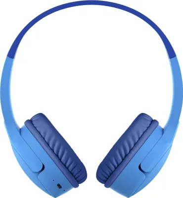 A pair of blue on-ear headphones shown from a front-facing, slightly angled perspective against a white background.