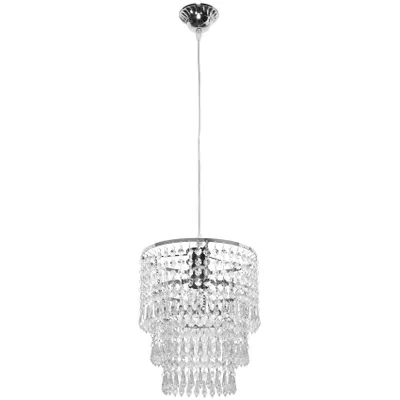 A silver chandelier with clear crystal-like beads hanging from it, suspended by a thin wire against a white background.