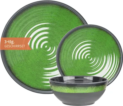Produktbild von Camping Geschirr Set 1 Person 3-teilig | Melamin | Picknick Geschirrset | Campinggeschirr Stone Green Design