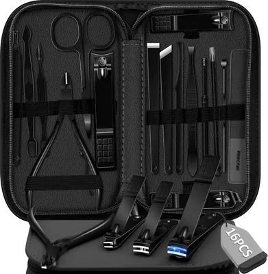 Produktbild von Maniküre Set Pediküre-Set, 16 Stück Edelstahl Nagelknipser Set, Professionelle Nagelpflege Nagelset mit Tragbarem Reise-Lederetui für Männer Frauen Schwarz