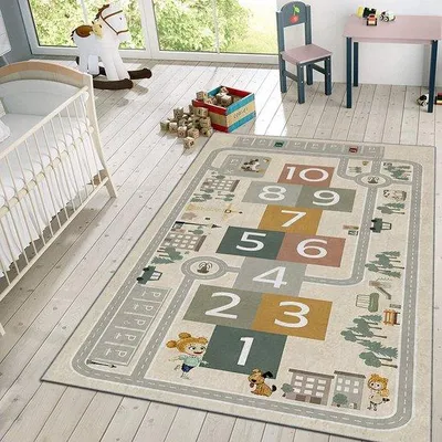 Productafbeelding van Unyqoos® Speeltapijt voor kinderkamer, 120x180 cm – Hinkelpad/wegmotieven, antislip, machinewasbaar op 30°C, antibacterieel, zachte speelmat en decoratief tapijt