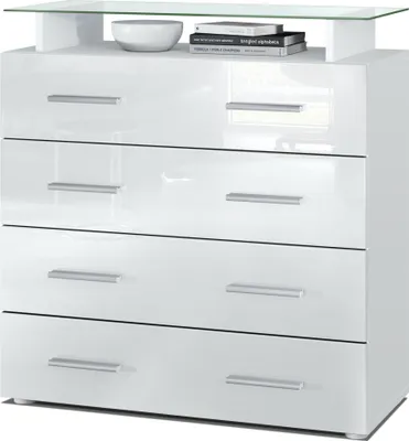 Produktbild von Vladon Sideboard Pavos V2, Kommode mit 4 Schubladen und Glasablage, Weiß matt/Weiß Hochglanz (76 x 81 x 35 cm)