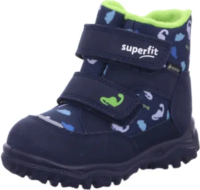 A single blue and green children's boot with dinosaur pattern.