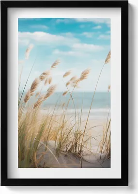 Produktbild von Landschaft von Gras Strand und Meer Boho-Stil– Wandbild mit Rahmen – Gerahmtes Bild  – Wanddekoration – 40x60 cm –  Schwarz