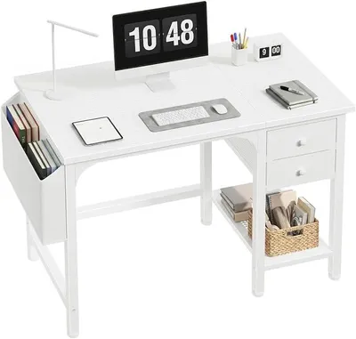 Imagen del producto de Escritorio pequeño con cajones, color blanco, 100X48cm. Mesa de ordenador con espacio de almacenamiento, ideal para oficina, salón o dormitorio