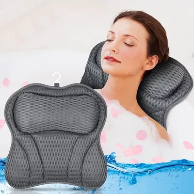 Produktbild von Badewannenkissen, Badewannen Kissen mit Weichem 4D Netzgewebe und 6 Rutschfesten Saugnäpfen, Badekissen zur Unterstützung von Nacken und Rücken, Grau
