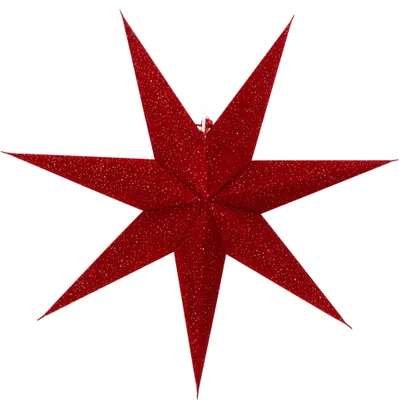 A red, glittery, seven-pointed star ornament is shown against a white background.