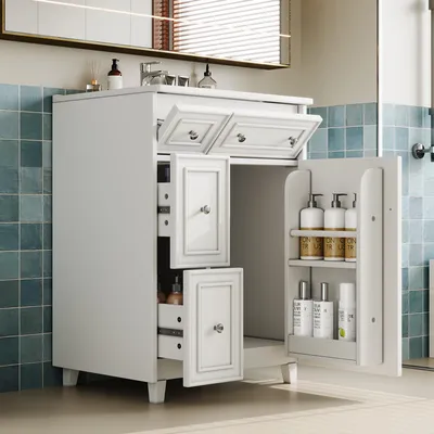 Produktbild von Flieks freistehender Waschtisch mit integriertes Keramikbecken, Badezimmerschrank, WC-Waschtischschrank 61x47x87cm, Weiß