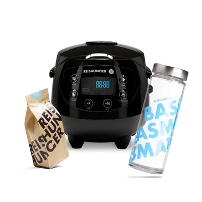 Produktbild von REISHUNGER Digitaler Reiskocher klein, schwarz inkl. Basmati Reisglas & Basmati 600g - 0,6 L bis 3 Personen - Warmhaltefunktion, Timer & Premium Topf