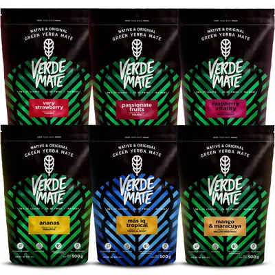 Produktbild von Verde Mate - Mate Tee Set Ananas, Strawberry, Mas IQ Tropical, Passionate Fruits, Raspberry, Mango Maracuya - Dicke Blätter 5mm - Fruchtig 6x500g