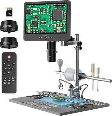 Imagen del producto de Microscopio digital AD249S-M Plus de 10.1 pulgadas con conexión HDMI, ideal para la reparación de electrónica. Incluye 3 lentes, capacidad de grabación de video UHD 2160P y estación de soldadura