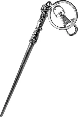 A close-up of a silver wand-shaped keychain with a ring and clasp.