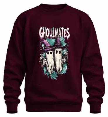 Obrázok produktu pre Ghoulmates Halloween duchovia duch pár čarodejnica klobúk Vintage Uni mikina pulóver, bordová, S