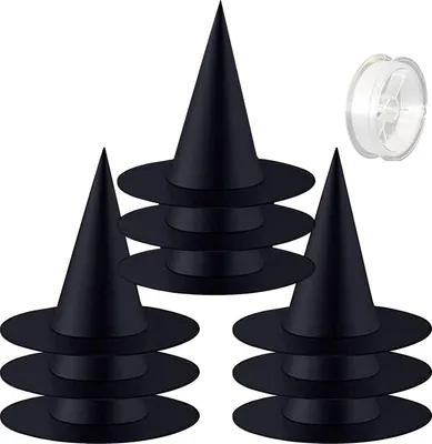 Produktbild von 12 Stück Halloween-Hexenhüte, schwarzer hängender Hexenhut, Halloween-Kostümzubehör für drinnen und draußen, Zuhause, Party-Dekoration