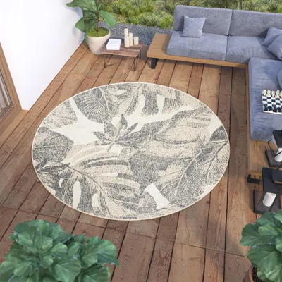 Produktbild von Teppich Rund Outdoor Indoor Wohnzimmer Schlafzimmer Modern Design Terrasse Balkon Creme Grau 160 x 160 cm