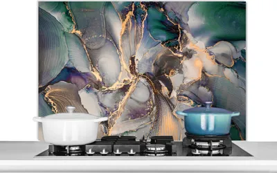 Produktbild von KitchenYeah®  Spritzschutz Küche - Küchenrückwand - Wandschutz für Herd und Spüle - Gold - Blau - Marmor 100x65 - Alu-Dibond (Alternative zum Spritzschutz aus Glas) - Hitzebeständig - Herdspritzschutz