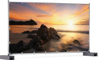Produktbild von Wallario XXL Outdoor-Poster für Garten oder Balkon, Motiv Sonne über dem Meer mit Felsenlandschaft, in ca. 340 x 173 cm