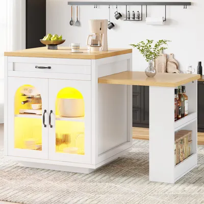 Produktbild von STILVORA Kücheninsel ausziehbar mit LED-Beleuchtung und MDF-Arbeitsplatte, Küchenschrank mit 2 Schubladen und verstellbaren Einlegeböden, Sideboard mit geriffelten Glastüren