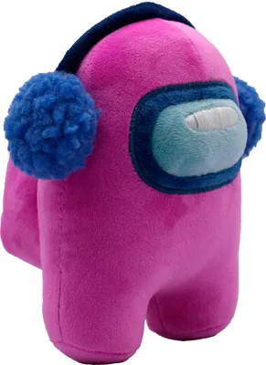 A pink Among Us plush toy with blue earmuffs and a dark blue headband, shown against a white background.