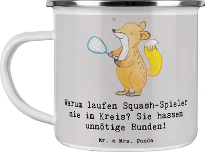 Produktbild von Mr. & Mrs. Panda Emaille Becher Squash Weisheit - Grau Pastell - Geschenk, Haferl, Tasse, Schläger, Sportler Geschenke, Spieler, Sportart, Strategische Fähigkeiten, Pott