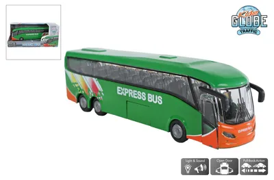 Zdjęcie produktu dla Globus dziecięcy Traffic Bus 18,5 cm metalowy rewers na baterie ze światłem i dźwiękiem w pudełku