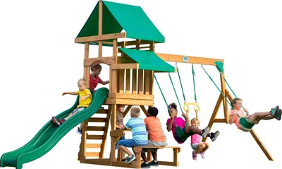Produktbild von Backyard Discovery Spielturm Belmont aus Holz | XXL Spielhaus für Kinder mit Rutsche, Schaukel, Trapezstange, Sandkasten und Picknicktisch | Stelzenhaus für den Garten