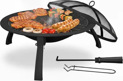 Produktbild von Relaxdays Feuerschale, Ø Schale 51 cm, klappbare Beine, Grillrost, Funkenschutz, Schürhaken, Feuerstelle Garten, schwarz