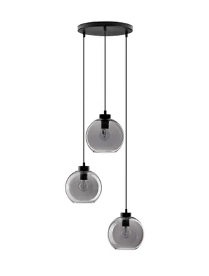 A modern pendant light fixture with three glass globes hanging from a circular base.