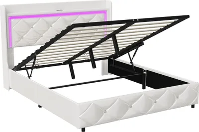 Productafbeelding van Moonbite bed met opbergruimte, 140x200 cm, kunstleer, wit, met LED-verlichting en USB-aansluiting, en een hydraulisch bedombouw – Een elegant en functioneel eenpersoonsbed